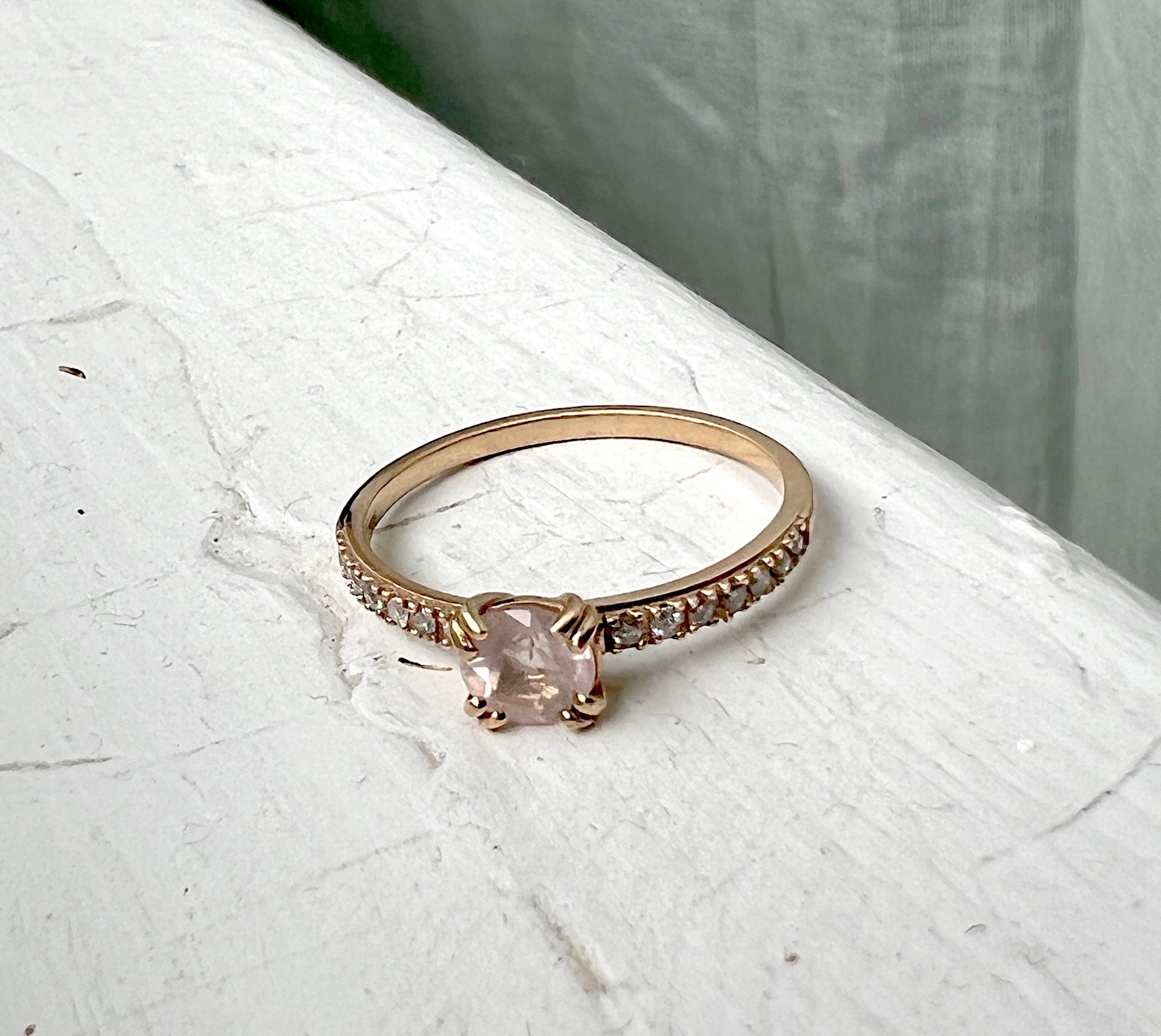 Arksanas Pink Quartz Gum Drop Engagement Ring 14k Yellow