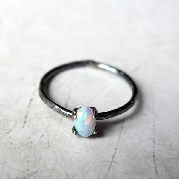 Opal Grain of Rice Ring- Tiny Sterling Silver and Lab Created Opal Ring