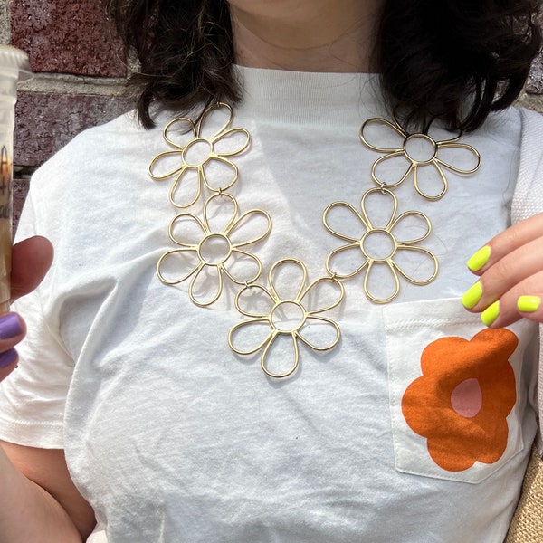 Handmade Statement Daisy Necklace in Brass and 14k Goldfill