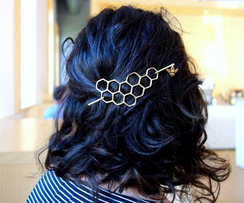 Handmade Large Brass Honeycomb Handmade Hair Bun Slide Pin with Dangling Bee Hair Twist Bun Pin image 1