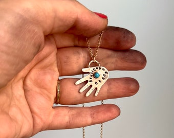 Handmade Sterling Silver Bendichas Manos Turquoise Hand Pendant with Turquoise Sephardic Saying Blessed Hands Necklace