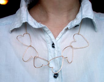 Handmade Oversized Hammered Gold Heart Link Necklace Chain