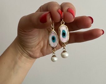 Handmade Pink and Pearl Evil Eye Dangle Earrings