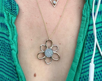 Lazy Daisy Druzy Pendant in 14k goldfill and sterling silver with a white druzy center on 20" 14k goldfillled chain