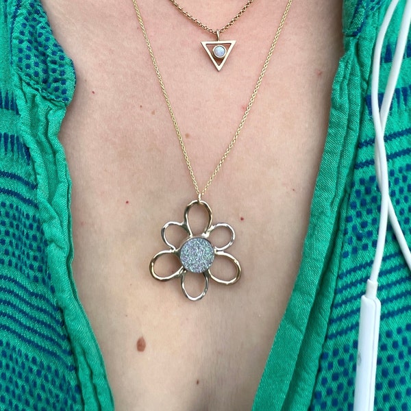 Handmade Lazy Daisy Druzy Pendant in 14k goldfill and sterling silver with a white druzy center on 20" 14k goldfillled chain