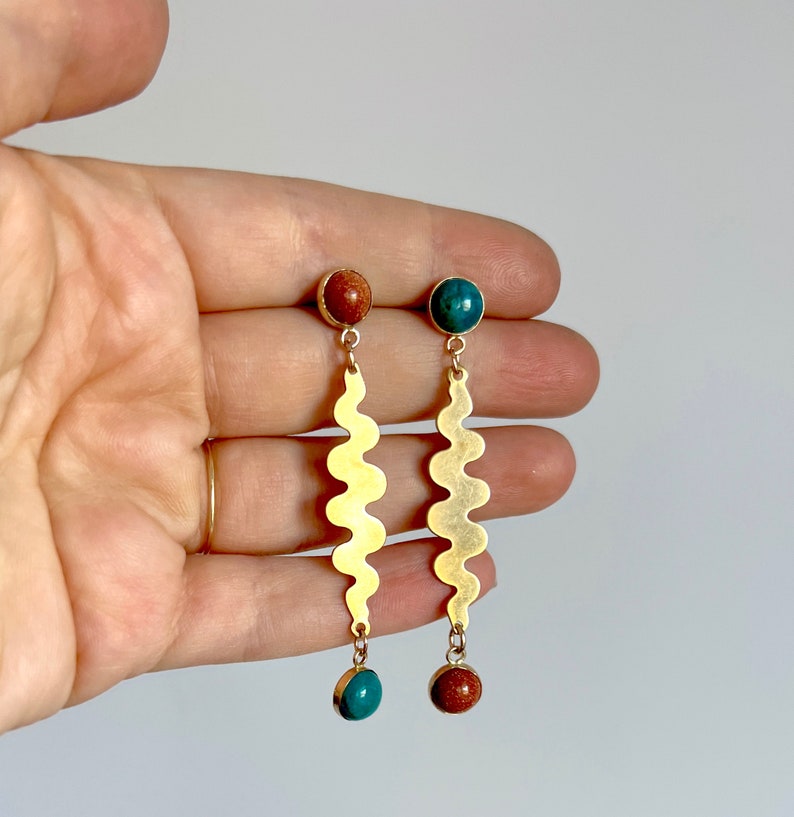 Handmade Squiggle Earrings with Chrysocolla and Goldstone in brass and 14k gold filled stud dangle party earrings image 7