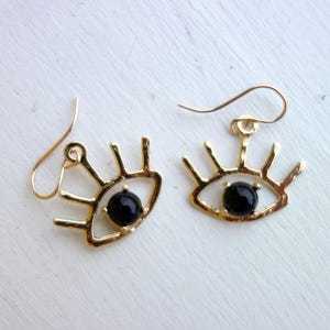Handmade Beholder Earrings: Brass and Black Onyx Eye Dangle Earrings