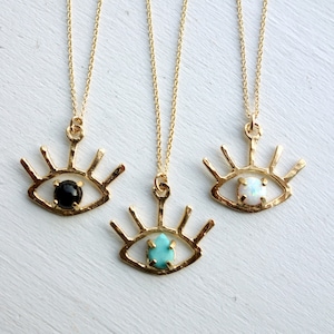 Handmade The Beholder - Eye Pendant in Gold with Onyx, Turquoise or Opal