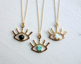 The Beholder - Eye Pendant in Gold with Onyx, Turquoise or Opal