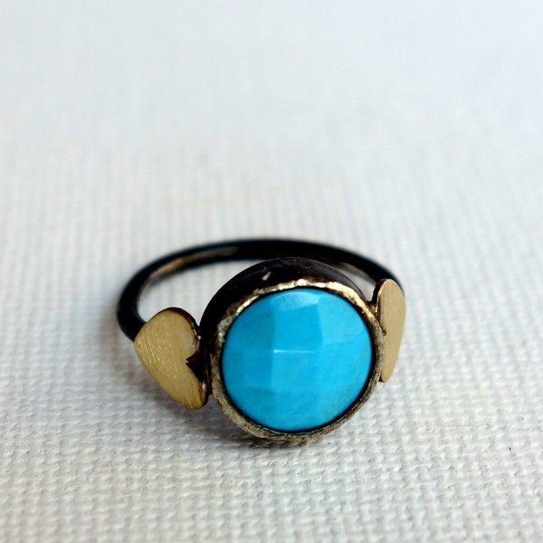 Faceted Turquoise in Handmade Sterling Silver Ring with Hearts
