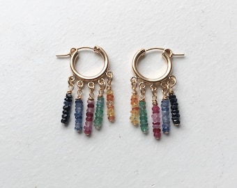 Rainbow Fringe Hoops- 14k goldfill rainbow corundum drops sapphires and rubies