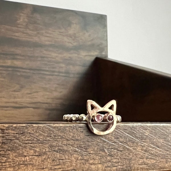 14k Gold Cat Ring with 3mm Pink Tourmaline Eyes in Sterling Silver Beaded Band Handmade Cat Ring One of a Kind Cat Lady Cat Lover Gift Kitty