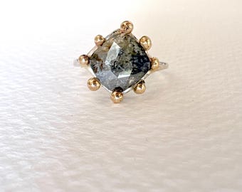 Handmade Square Gray Rose Cut Diamond Ring - 14k Gold & Sterling Silver