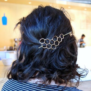 Handmade Large Brass Honeycomb Handmade Hair Bun Slide Pin with Dangling Bee Hair Twist Bun Pin image 7