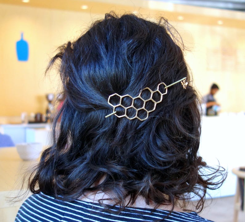 Large Brass Honeycomb Handmade Hair Bun Slide Pin with Dangling Bee Hair Twist Bun Pin image 7