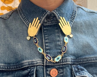 Hand Pearl and Evil Eye Shirt Collar Chain with Pins  Handmade