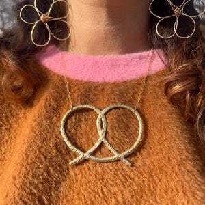 Super Pretzel Brass Necklace On 14k Gold-Filled Chain Handmade cast solid brass pretzel pendant new york food snack