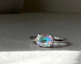 Disco Diamond Ring Alternative Engagement Ring Mercury Mystic Topaz Iridescent 14 Solid Gold or Sterling Silver 8x6mm Prong Low Setting