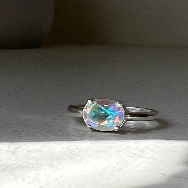 Disco Diamond Ring Alternative Engagement Ring Mercury Mystic Topaz Iridescent 14 Solid Gold or Sterling Silver 8x6mm Prong Low Setting