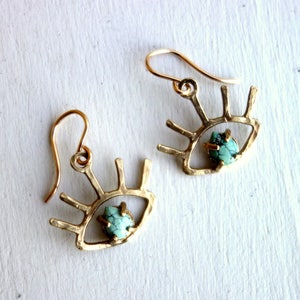HANDMADE Gold Turquoise Beholder Eye Dangle Earrings image 5