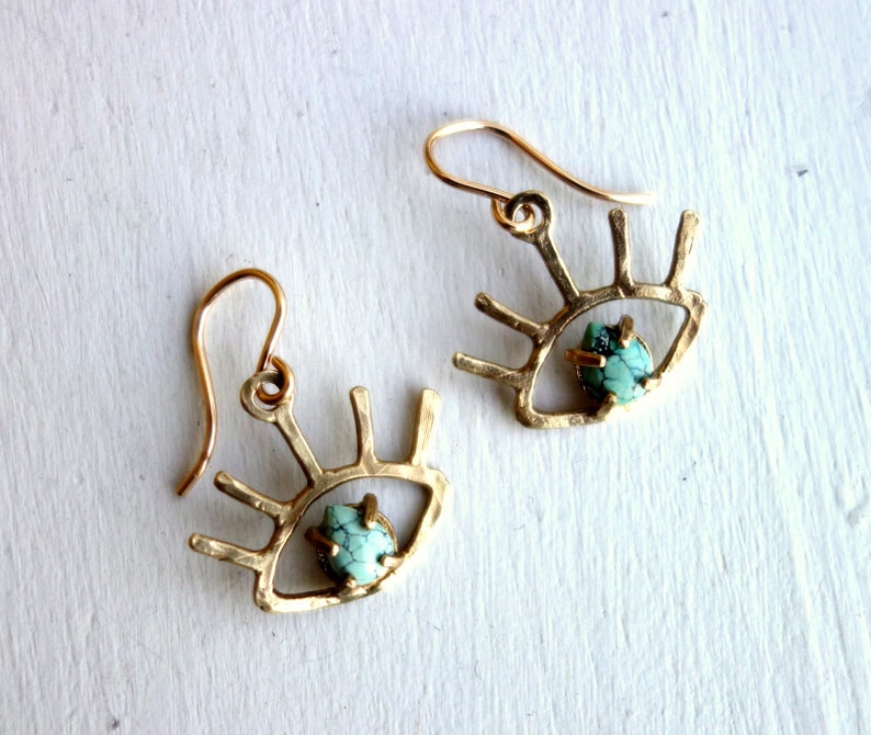 HANDMADE Gold Turquoise Beholder Eye Dangle Earrings image 5