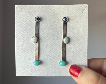 Sterling Silver Herringbone Dangle Studs with Turquoise Opals and Evil Eye Dangling Swinging Stud Chain Earrings