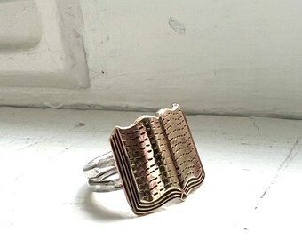 Handmade Open Book Ring Sterling Silver and Brass