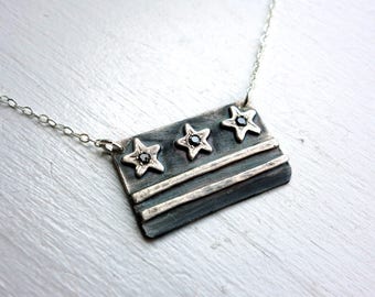 Black and White District of Columbia Flag Necklace with Three Black Diamonds DC Flag