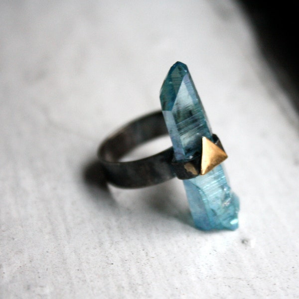 The Future Ring- Aqua Aura crystal in Handmade Sterling Silver