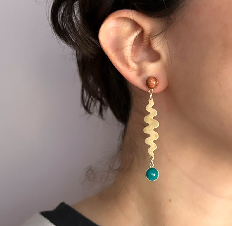 Handmade Squiggle Earrings with Chrysocolla and Goldstone in brass and 14k gold filled stud dangle party earrings image 6