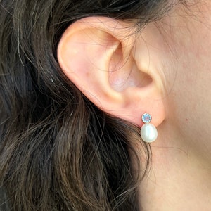 Handmade Aquamarine and Pearl Drop Studs in 14k GF