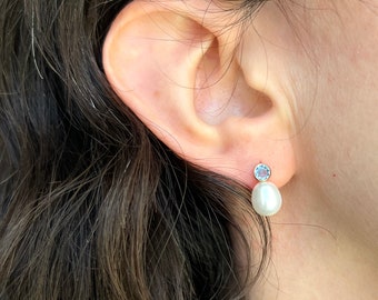 Handmade Aquamarine and Pearl Drop Studs in 14k GF