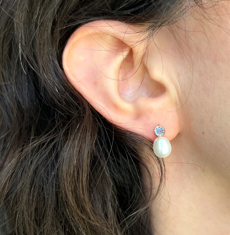 Aquamarine and Pearl Drop Studs in 14k GF image 1