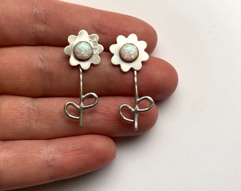 Silver Daisy Flower Studs with Opals