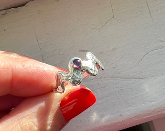 Handmade Sterling Silver Hammered Wiggle ring with 3mm amethyst