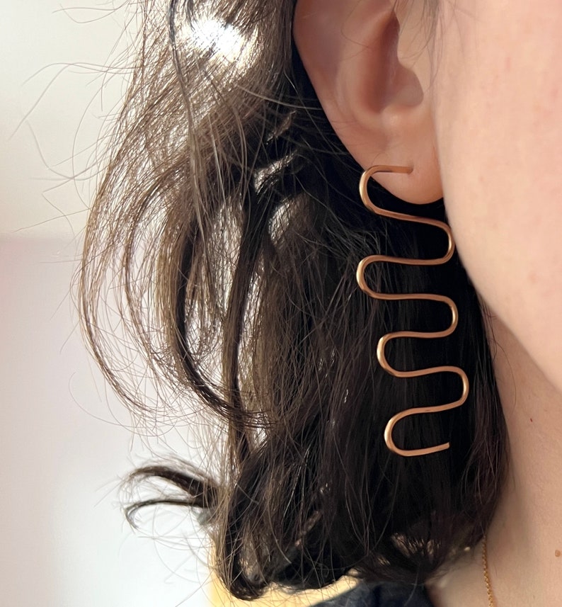 Handmade Back and Forth 14k Gold Fill Geometric Squiggle Stud Statement Dangle Earrings image 3