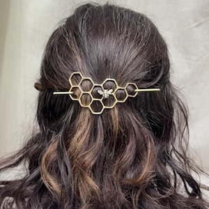 Original Rachel Pfeffer Handmade Brass Honeycomb Handmade Hair Bun Slide Pin with Bee On Honeycomb or Dangling from Pin Big Hair Clip