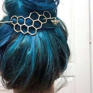 Original Rachel Pfeffer Handmade Brass Honeycomb Handmade Hair Bun Slide Pin with Bee On Honeycomb or Dangling from Pin Big Hair Clip