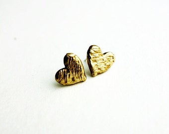 Handmade Scratch Puffy Heart Studs in Brass