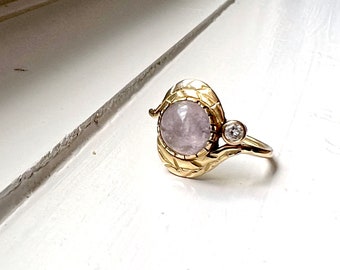 Morganite Leaf Ring in Solid 14k Gold with a small bezel set diamond alternative engagement ring handmade lost wax casting forest woodsy