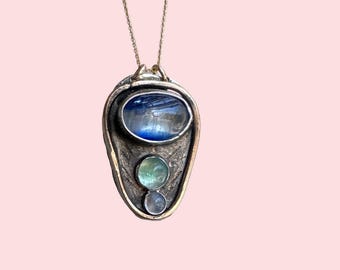 Handmade Kyanite, Emerald, Moonstone Pendant: Sterling Silver, 14k Goldfill