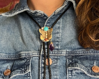 Maximalist Bolo- Handmade Statement Bolo with butterfly, turquoise, amethyst, goldstone, opal, and onyx in brass and sterling silver