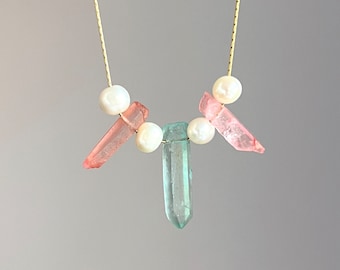 Handmade Pink and Blue Crystal and Pearl Beaded Chain Necklace