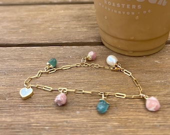 Handmade Gemstone Charm Bracelet 14k goldfill paperclip chain bracelet with pearls and rough gems spring bracelet Mother's Day gift pastels