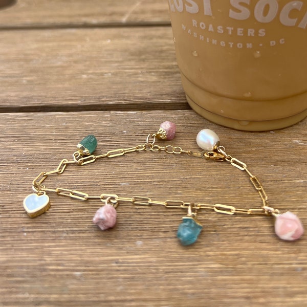 Handmade Gemstone Charm Bracelet 14k goldfill paperclip chain bracelet with pearls and rough gems spring bracelet Mother's Day gift pastels