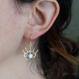 Handmade The Beholder Earrings: Gold and Opal Eye Earring Dangle Drops image 4
