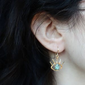 HANDMADE Gold Turquoise Beholder Eye Dangle Earrings image 3