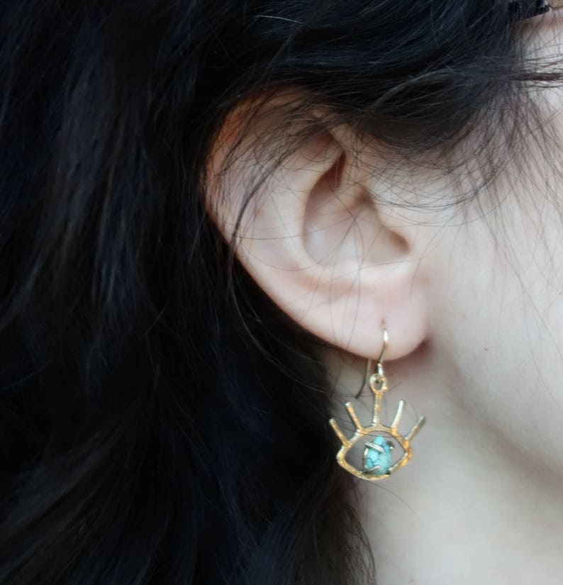 HANDMADE Gold Turquoise Beholder Eye Dangle Earrings image 3