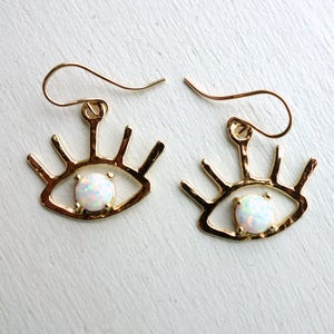 Handmade The Beholder Earrings: Gold and Opal Eye Earring Dangle Drops image 1