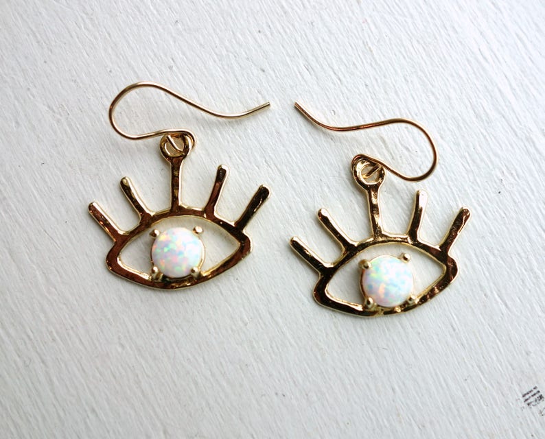 Handmade The Beholder Earrings: Gold and Opal Eye Earring Dangle Drops image 1